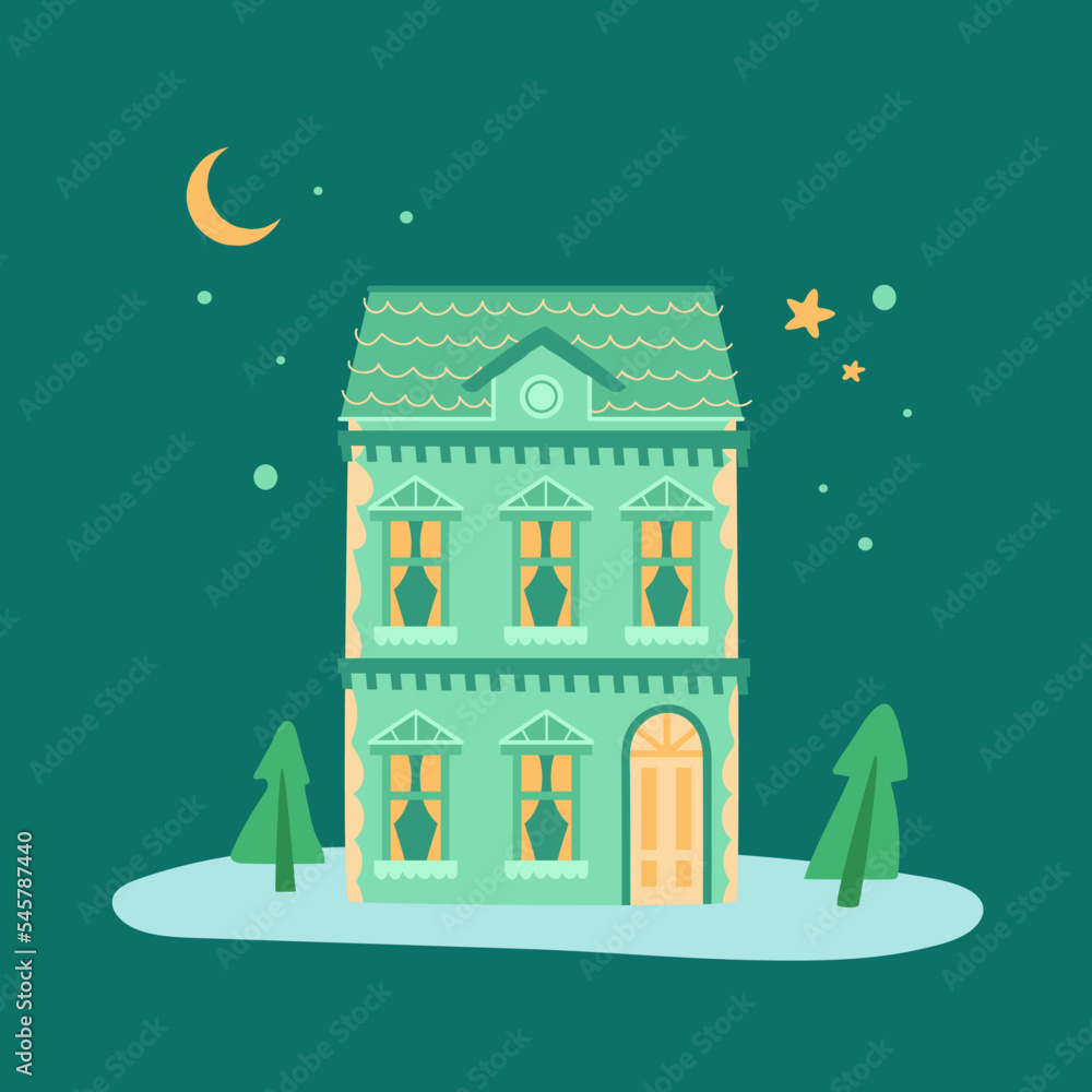 Cute hand drawn colored house on a lawn with trees with a night sky. Flat illustration Cute hand drawn colored house on a lawn with trees with a night sky. Flat illustration