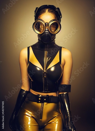 Black and gold fetish photography. Sexy hot woman in latex suit and mask.