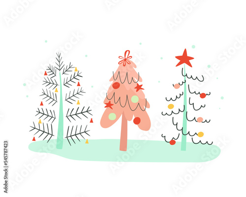 Christmas tree in the winter forest. Greeting card vector design