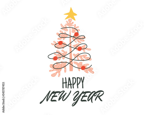 Hand drawn Christmas tree decorated with garlands and balls. Vector element for design cards and banners.