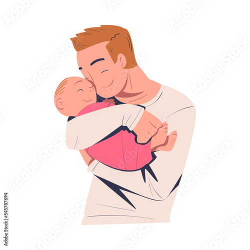 Happy dad hugging and cuddling his baby. Parent embracing newborn baby expressing love and care cartoon vector illustration