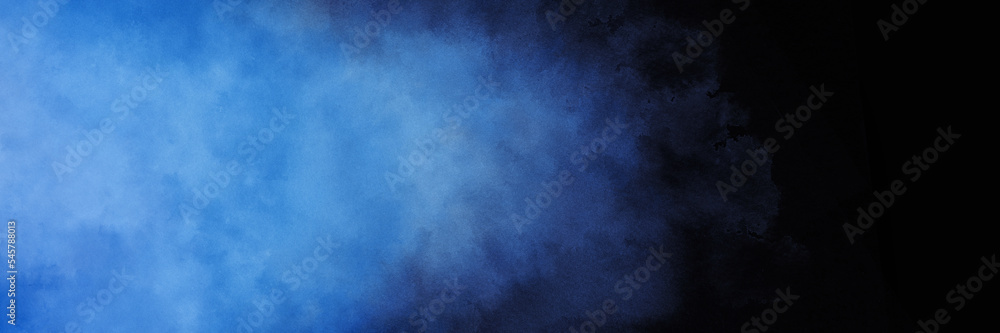 Blue smoke wisps or hazy fog on black background, light blue cloudy texture, elegant banner design