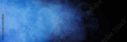 Blue smoke wisps or hazy fog on black background, light blue cloudy texture, elegant banner design