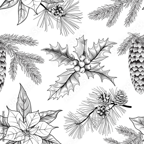 Christmas nature seamless pattern with pine cones, spruce branches, poinsettia. Winter holiday floral background. Noel illustration. Engraving holly leaves, berries for greeting cards, wrapping paper