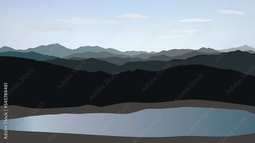 Mountain and hills landscape. Rural skyline. Lake Lagoon resort view background