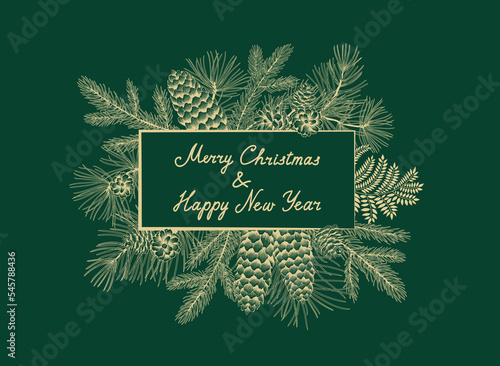 Christmas holiday greeting card. Handwritten Lettering MERRY CHRISTMAS AND HAPPY NEW YEAR. Noel holiday winter floral background in engraving retro style. photo