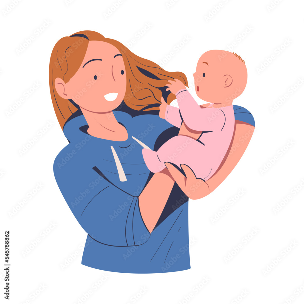 Happy mom holding baby in her arms. Mother embracing newborn baby expressing love and care cartoon vector illustration Happy mom holding baby in her arms. Mother embracing newborn baby expressing love and care cartoon vector illustration