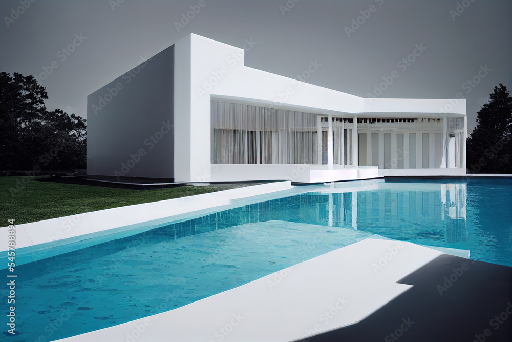 Contemporary house with pool. Pool deck at private villa. 3d illustration