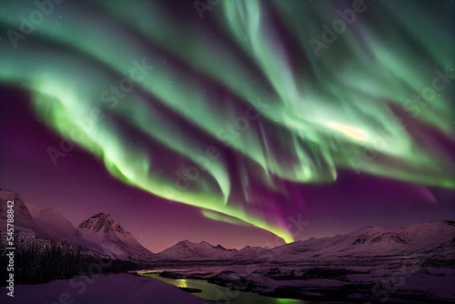 Northern lights over the snowy mountains. Abstract illustration art