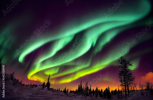 Northern lights over the snowy mountains. Abstract illustration art