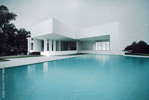 Contemporary house with pool. Pool deck at private villa. 3d illustration © Galina