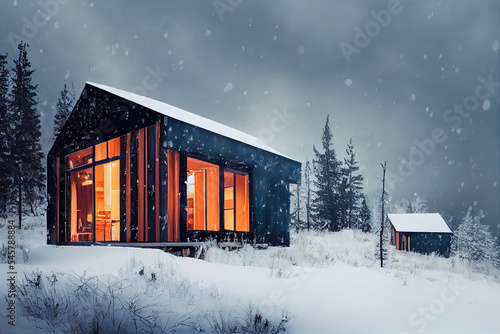 House in snow with romantic lighting. Winter landscape. 3d rendering