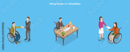 3D Isometric Flat Vector Conceptual Illustration of Hiring People With Disabilities, Social Adaptation