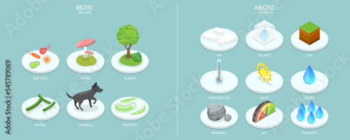 3D Isometric Flat Vector Conceptual Illustration of Biotic And Abiotic Factors, Educational Chart