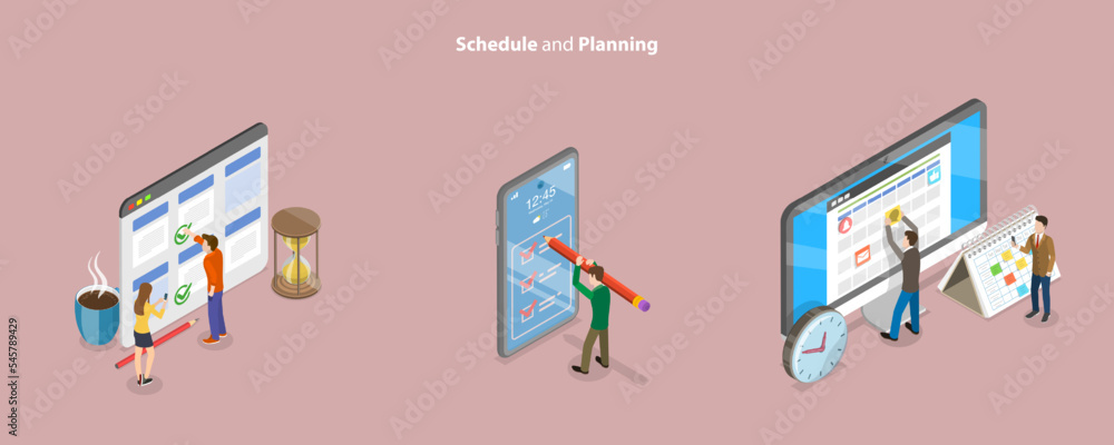 3D Isometric Flat Vector Conceptual Illustration of Schedule Planning, Appointments and Events 3D Isometric Flat Vector Conceptual Illustration of Schedule Planning, Appointments and Events