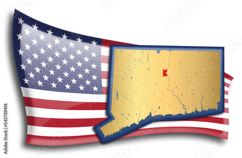 U.S. states - map of Connecticut against an American flag. Rivers and lakes are shown on the map. American Flag and State Map can be used separately and easily editable.