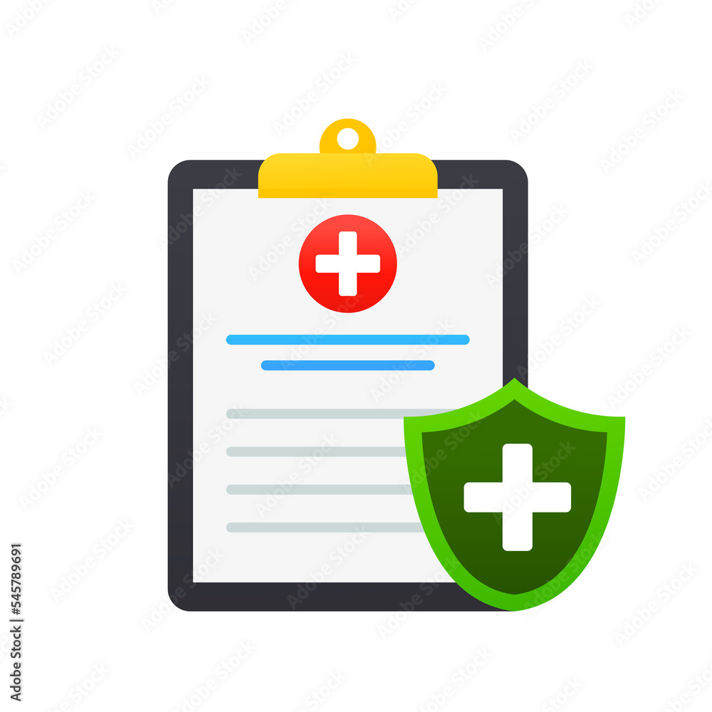 Fototapeta premium Medical document and protective shield. Medical insurance form. The idea of medical insurance, health care. Vector illustration