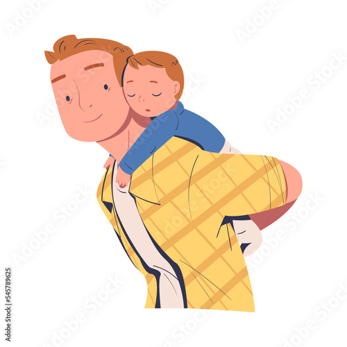 Father giving his baby piggyback ride. Little son sleeping on fathers back cartoon vector illustration