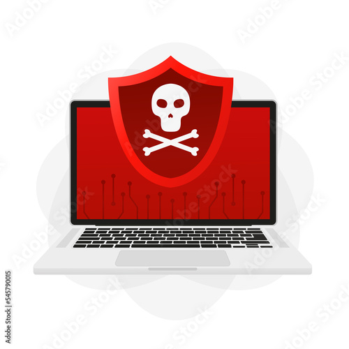 A hacker attack on a laptop. Hacking and web security. Internet phishing concept. cyber protection, shield, software code. Vector illustration