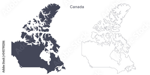 Canada map filled silhouette and outline version isolated on white. Hand drawn sketch, flat unfolded plan. Vector element for banner background design, geographic, travel, Canada event illustration.