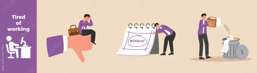 Tired employees, deadline tasks and lots of wrong assignments. Fatigue set concept at work. Colored flat graphic vector illustration isolated. Tired employees, deadline tasks and lots of wrong assignments. Fatigue set concept at work. Colored flat graphic vector illustration isolated.