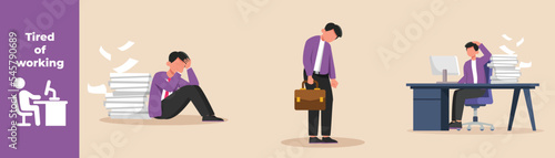 Employees are tired because they are burdened with business tasks. Fatigue set concept at work. Colored flat graphic vector illustration isolated.