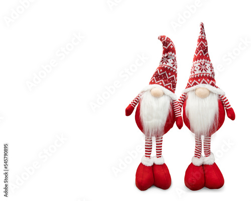 Two Christmas elf wearing red hat isolated on transparent background. PNG file.