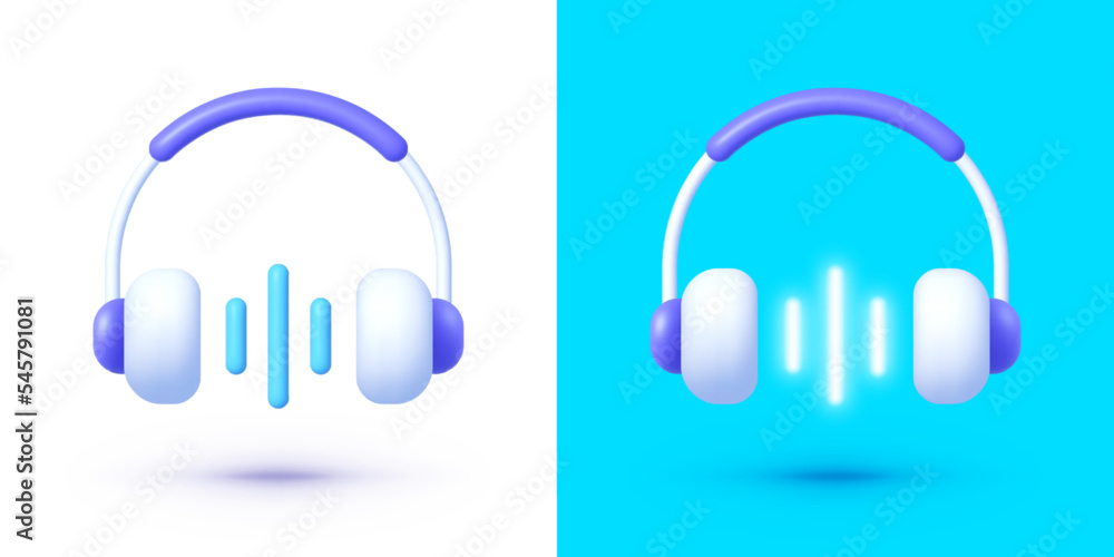 Fototapeta premium Headphone 3d with neon elements in modern style on white background. Template poster vector illustration. Sound equipment. Vector illustration design