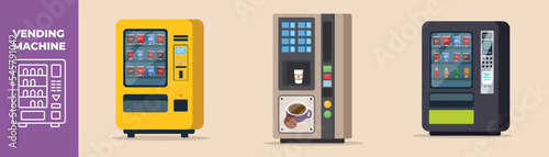 Vending machine of snack, soft drink and coffee. Vending machine set concept. Colored flat graphic vector illustration isolated.