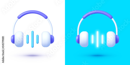 Headphone 3d with neon elements in modern style on white background. Template poster vector illustration. Sound equipment. Vector illustration design