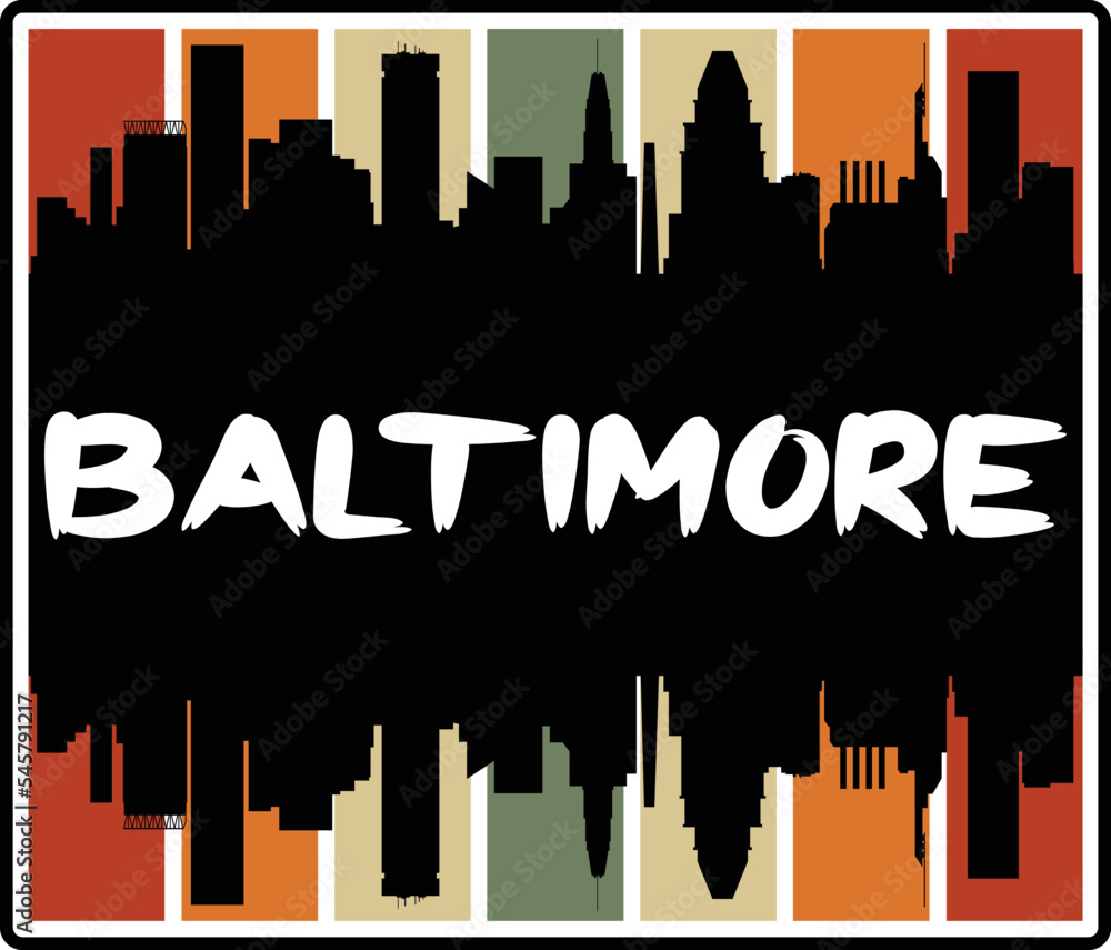 Baltimore Maryland USA Skyline Sunset Travel Souvenir Sticker Logo Badge Stamp Emblem Coat of Arms Vector Illustration EPS