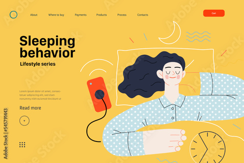 Lifestyle web template -Sleeping behaviour -modern flat vector illustration of woman sleeping in her bed showing the benefits of good sleeping habit, eight hours normal sleep People activities concept
