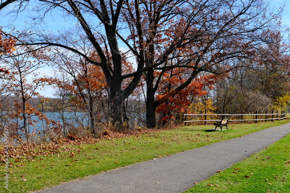 Walking road with a bench and overlooking the river on a sunny day