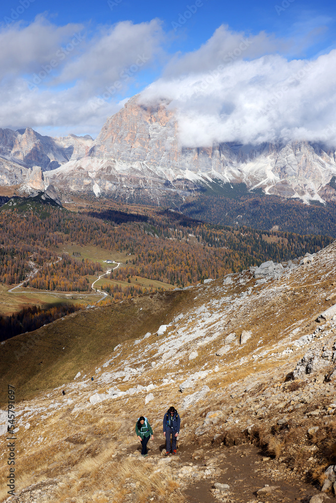 Tourists enjoying the Dolomites landscape in Italy, Europe