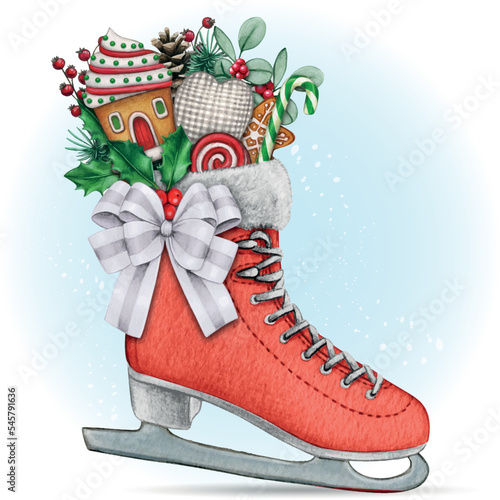 watercolor hand drawn christmas decorated ice skate