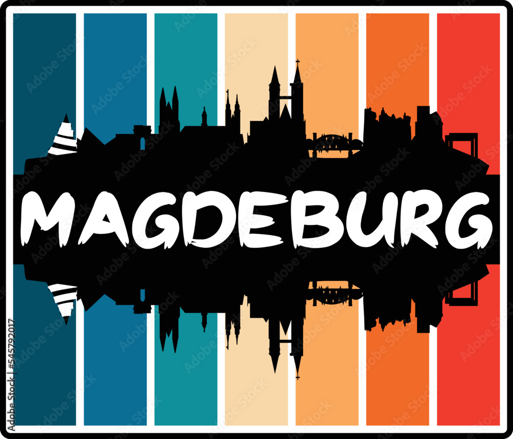 Magdeburg Germany Skyline Sunset Travel Souvenir Sticker Logo Badge Stamp Emblem Coat of Arms Vector Illustration EPS
