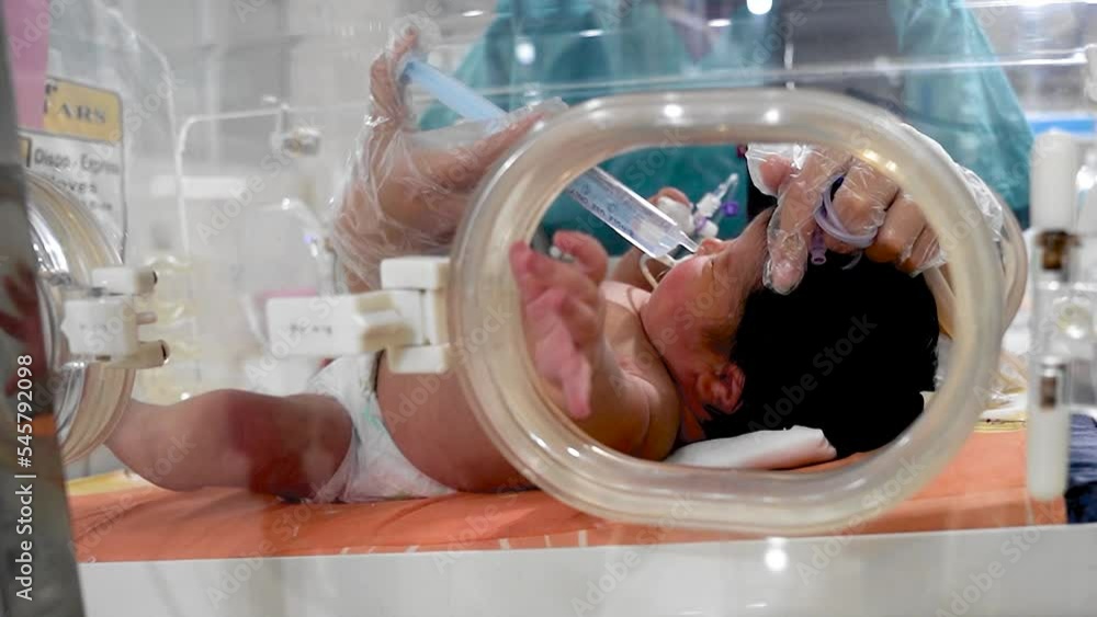 Closeup lovely little newborn baby infant lying in incubators for newborns, Newborn baby having the the breathing problem after birth, newborn in NICU, Neonatal intensive care unit Closeup lovely little newborn baby infant lying in incubators for newborns, Newborn baby having the the breathing problem after birth, newborn in NICU, Neonatal intensive care unit