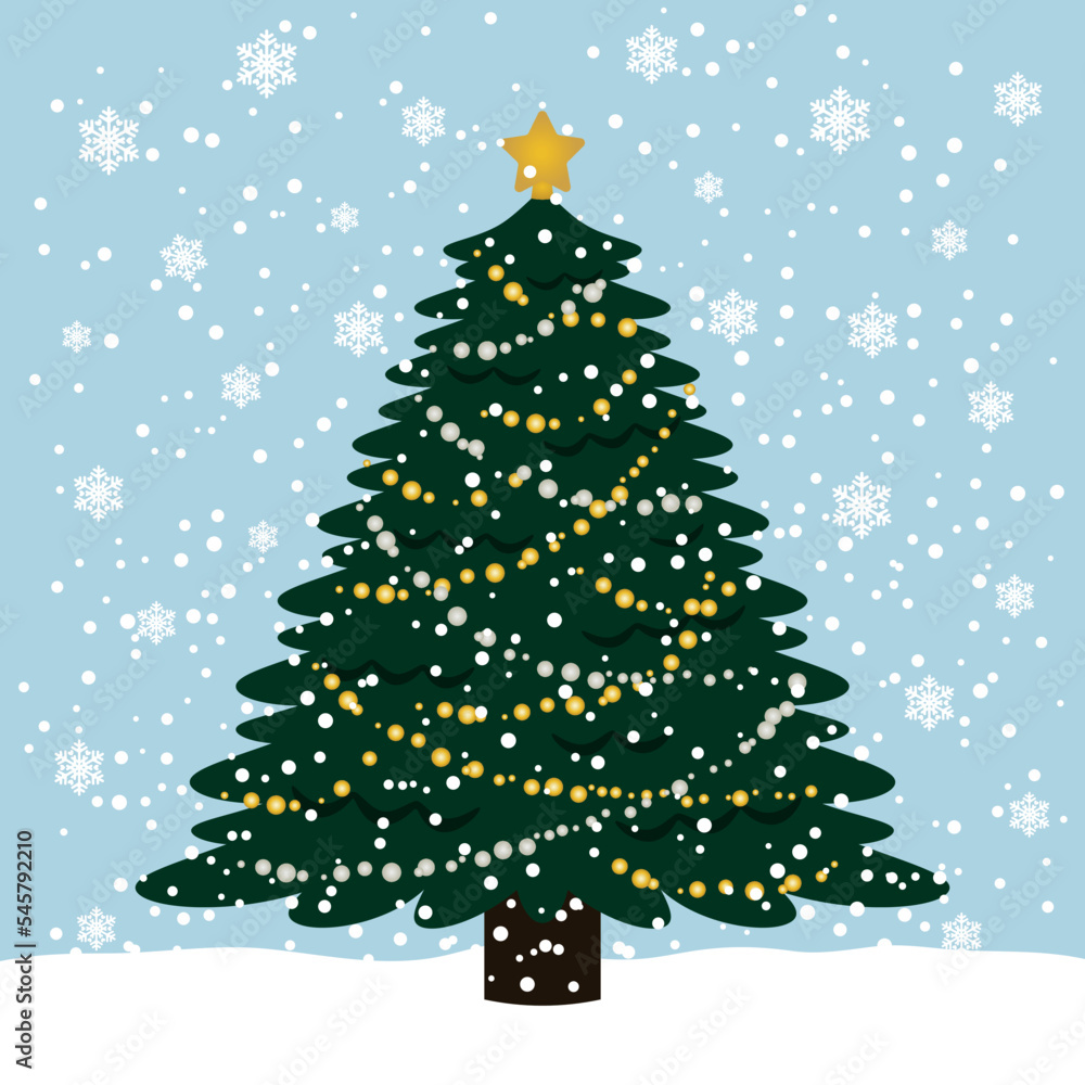 舞い散る雪の中のクリスマスツリー