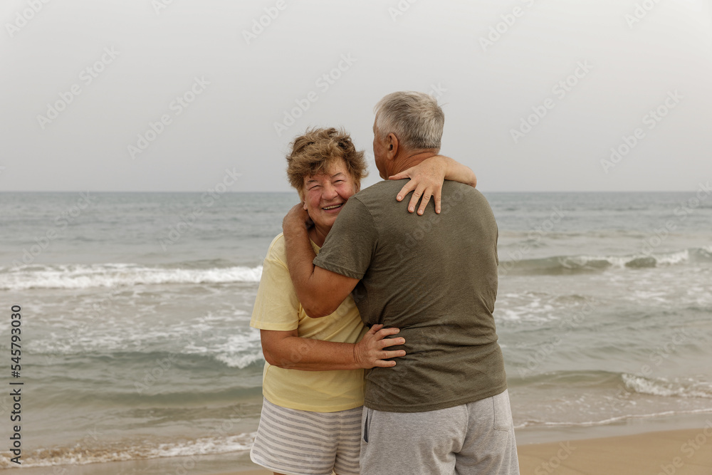 Happy senior couple walking on the beach in a sunny day. Smiling mature couple looking at each other on beach with copy space. Retired man in love with his wife relaxing during vacation. Happy senior couple walking on the beach in a sunny day. Smiling mature couple looking at each other on beach with copy space. Retired man in love with his wife relaxing during vacation.