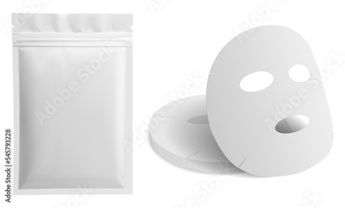 Facial mask sheet, vector package design. Sachet blank mockup for collagen mask. Realistic concept of cosmetology moisturizer illustration, hygiene pack of rejuvenation face mask