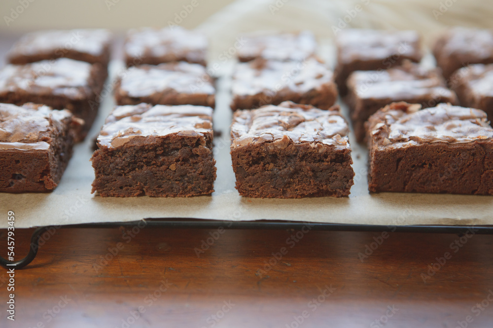 Side View of Homemade Brownies on a Cooling Rack