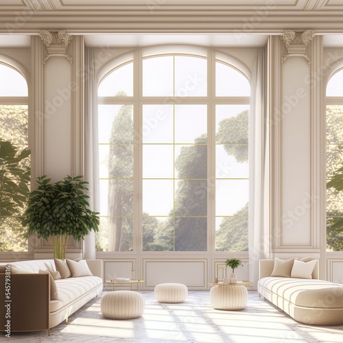 Modern luxury interior background with panoramic windows and nature view  plants  classic panels wall mock up. Beige design living room with large white classic windows. 3d rendering illustration.