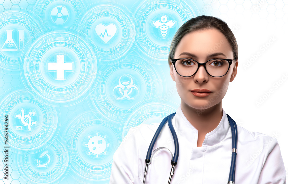 Fototapeta premium Woman doctor on cyan, blue and white futuristic background with medicine symbols