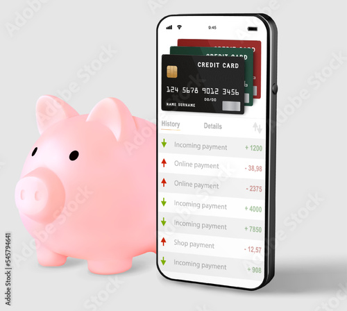 Online banking. Mobile phone with internet online bank app. Piggy bank with hundred dollar bill on white background. Save money business wallet.