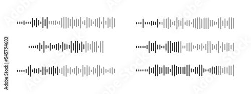 Set of sound wave icons. Audio file, voice chat, speech or song record, pulse, online conversation pictograms. Messenger, radio, podcast, player elements. Vector graphic illustration
