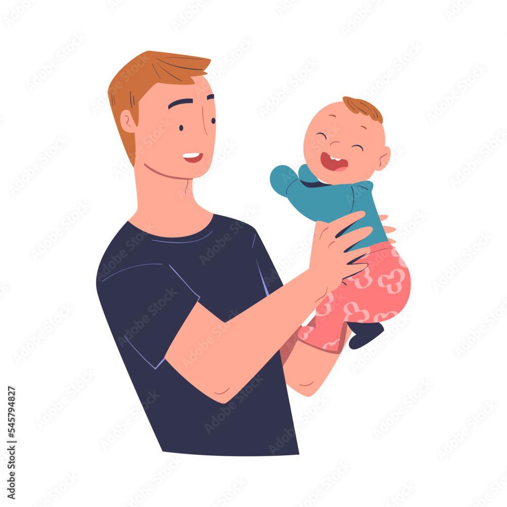 Dad holding his happy baby in hands. Parent hugging newborn baby expressing love and care cartoon vector illustration Dad holding his happy baby in hands. Parent hugging newborn baby expressing love and care cartoon vector illustration