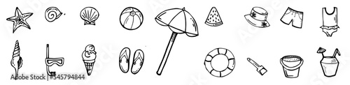 Children summer beach. Set of elements. Holidays family vacation on beach. Sea or lake. For children to relax and have fun. Outline hand drawn sketch. Drawing with ink. Isolated on white background