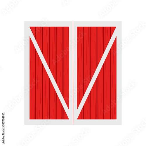 Red wooden barn door. Front view. Element of farm warehouse building isolated on white background. Vector cartoon illustration.