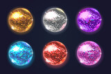 Set of shiny colorful disco balls. Elements for holiday design. Vector 3d illustration.
