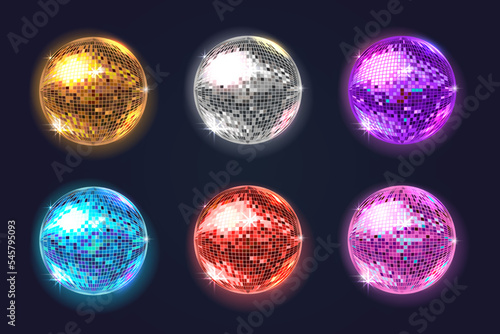 Set of shiny colorful disco balls. Elements for holiday design. Vector 3d illustration.